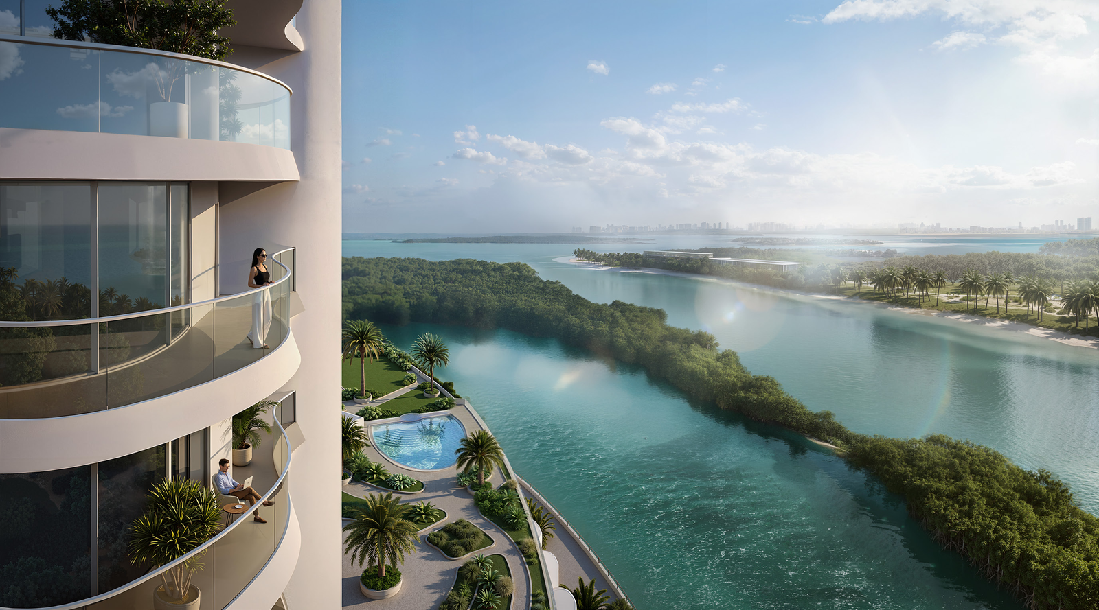 Balcony view overlooking mangroves and Abu Dhabi skyline from a Radisson Residences apartment