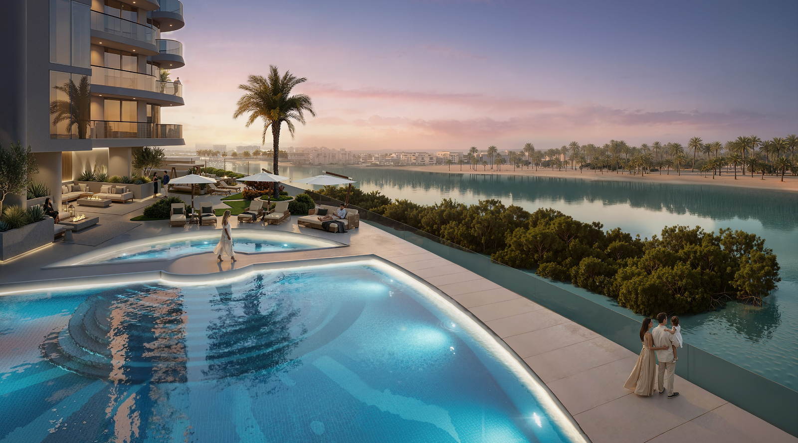 Resort-style swimming pool and sun deck surrounded by greenery at Radisson Residences Al Reem Island
